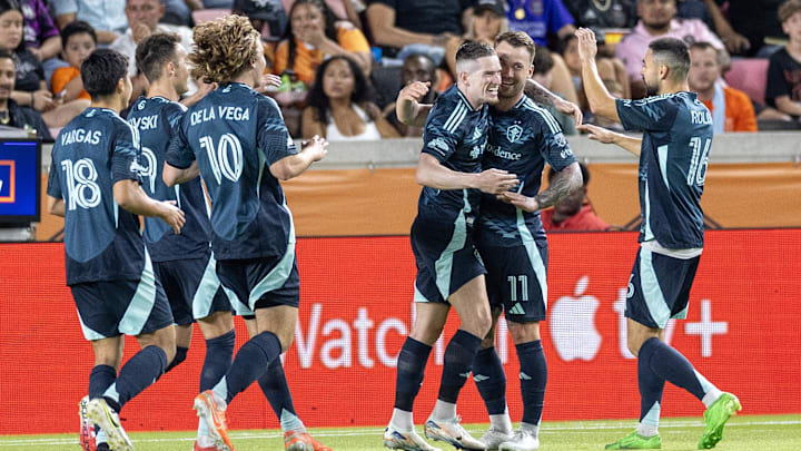 May 10, 2025; Houston, Texas, USA; Seattle Sounders FC midfielder Albert Rusnák (11) celebrates his goal with teammates against the Houston Dynamo FC in the second half  at Shell Energy Stadium. Mandatory Credit: Thomas Shea-Imagn Images