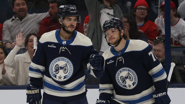 Apr 16, 2024; Columbus, Ohio, USA; Columbus Blue Jackets left wing Johnny Gaudreau (13) celebrates his goal against the Carolina Hurricanes during the second period at Nationwide Arena. Mandatory Credit: Russell LaBounty-USA TODAY Sports