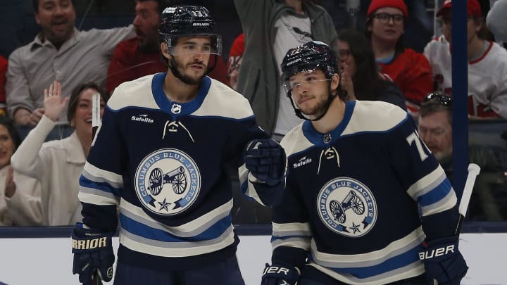 Apr 16, 2024; Columbus, Ohio, USA; Columbus Blue Jackets left wing Johnny Gaudreau (13) celebrates his goal against the Carolina Hurricanes during the second period at Nationwide Arena. Mandatory Credit: Russell LaBounty-USA TODAY Sports