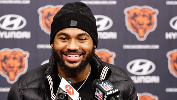 Mar 14, 2024; Lake Forest, IL, USA; Chicago Bears running back D'Andre Swift speaks during a press conference at Halas Hall. Mandatory Credit: Kamil Krzaczynski-USA TODAY Sports