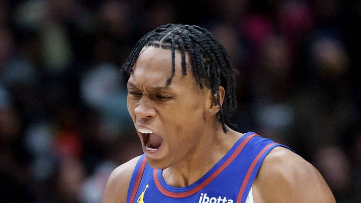 Jan 13, 2026; New Orleans, Louisiana, USA; Denver Nuggets guard Peyton Watson (8) reacts to making a basket against the New Orleans Pelicans during the fourth quarter at Smoothie King Center. Mandatory Credit: Matthew Hinton-Imagn Images