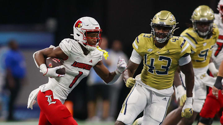 Sep 1, 2023; Atlanta, Georgia, USA; Louisville Cardinals wide receiver Jamari Thrash (1) runs after a catch against the Georgia Tech Yellow Jackets in the fourth quarter at Mercedes-Benz Stadium. Mandatory Credit: Brett Davis-Imagn Images