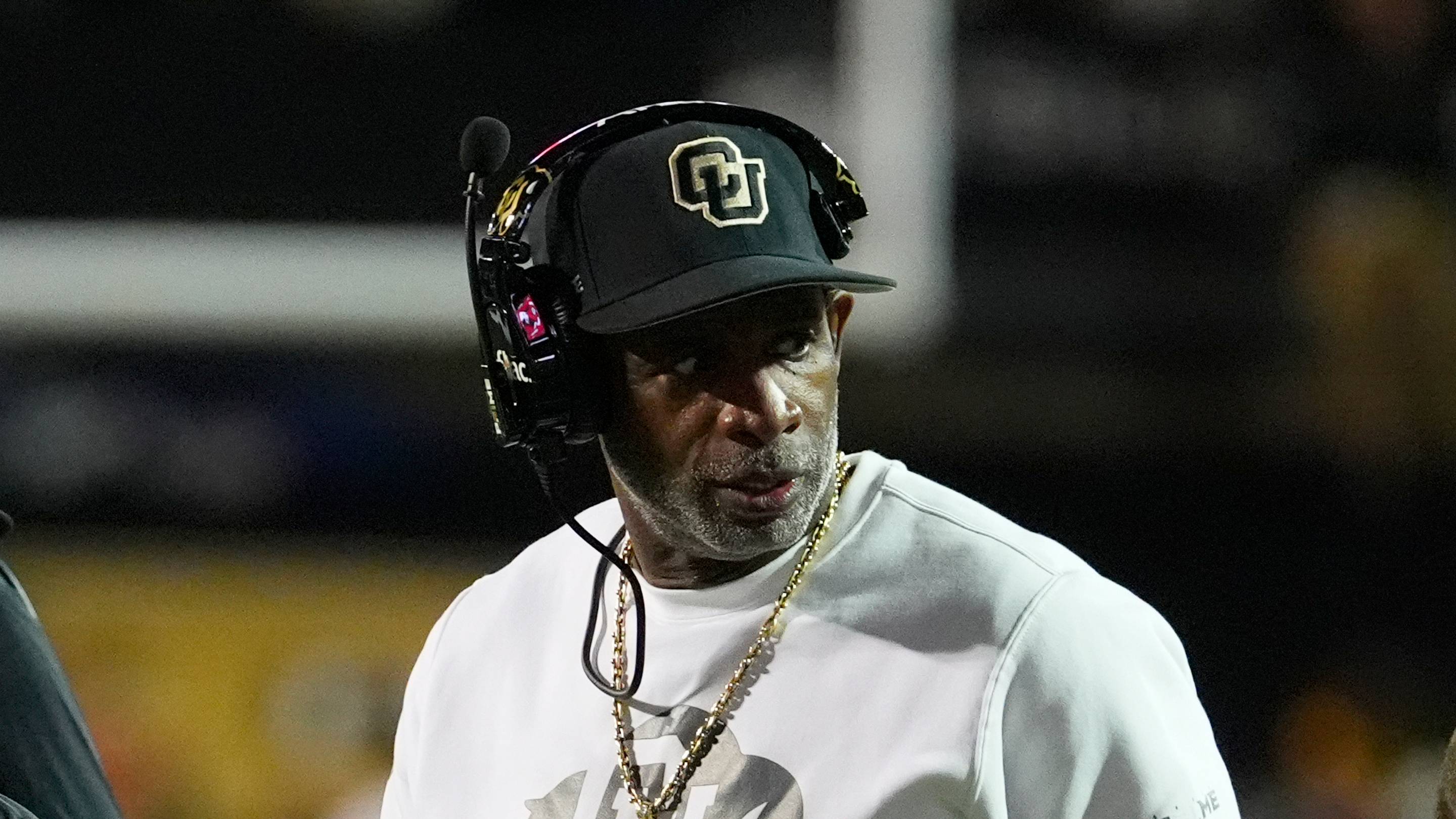 Oct 17, 2026; Boulder, Colorado, USA; Colorado Buffaloes head coach Deion Sanders on the field during the first quarter against the Utah Utes at Folsom Field. Mandatory Credit: Ron Chenoy-Imagn Images | IMAGN IMAGES via Reuters Connect