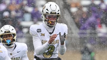 Nov 29, 2025; Manhattan, Kansas, USA; Colorado Buffaloes quarterback Kaidon Salter (3) waits for the snap during the first quarter against the Kansas State Wildcats at Bill Snyder Family Football Stadium. Mandatory Credit: Scott Sewell-Imagn Images
