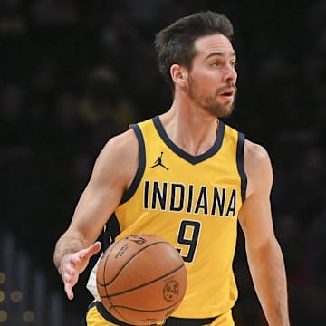 Dec 15, 2023; Washington, District of Columbia, USA;  Indiana Pacers guard T.J. McConnell (9) looks to pass during the game against the Washington Wizards at Capital One Arena. Washington Wizards defeated Indiana Pacers 137-123. Mandatory Credit: Tommy Gilligan-USA TODAY Sports