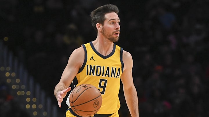 Dec 15, 2023; Washington, District of Columbia, USA;  Indiana Pacers guard T.J. McConnell (9) looks to pass during the game against the Washington Wizards at Capital One Arena. Washington Wizards defeated Indiana Pacers 137-123. Mandatory Credit: Tommy Gilligan-USA TODAY Sports