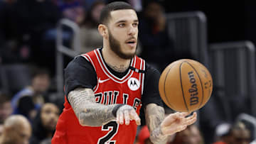 Feb 2, 2025; Detroit, Michigan, USA; Chicago Bulls guard Lonzo Ball (2) passes in the first half against the Detroit Pistons at Little Caesars Arena. Mandatory Credit: Rick Osentoski-Imagn Images