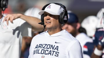 Nov 8, 2025; Tucson, Arizona, USA; Arizona Wildcats defensive coordinator Danny Gonzales against the Kansas Jayhawks at Arizona Stadium. Mandatory Credit: Mark J. Rebilas-Imagn Images
