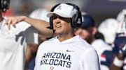 Nov 8, 2025; Tucson, Arizona, USA; Arizona Wildcats defensive coordinator Danny Gonzales against the Kansas Jayhawks at Arizona Stadium. Mandatory Credit: Mark J. Rebilas-Imagn Images