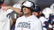 Nov 8, 2025; Tucson, Arizona, USA; Arizona Wildcats defensive coordinator Danny Gonzales against the Kansas Jayhawks at Arizona Stadium. Mandatory Credit: Mark J. Rebilas-Imagn Images