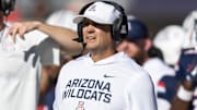 Nov 8, 2025; Tucson, Arizona, USA; Arizona Wildcats defensive coordinator Danny Gonzales against the Kansas Jayhawks at Arizona Stadium. Mandatory Credit: Mark J. Rebilas-Imagn Images