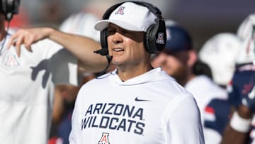Nov 8, 2025; Tucson, Arizona, USA; Arizona Wildcats defensive coordinator Danny Gonzales against the Kansas Jayhawks at Arizona Stadium. Mandatory Credit: Mark J. Rebilas-Imagn Images