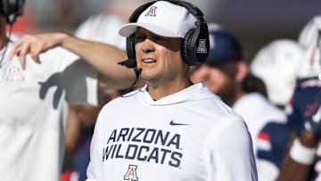 Nov 8, 2025; Tucson, Arizona, USA; Arizona Wildcats defensive coordinator Danny Gonzales against the Kansas Jayhawks at Arizona Stadium. Mandatory Credit: Mark J. Rebilas-Imagn Images