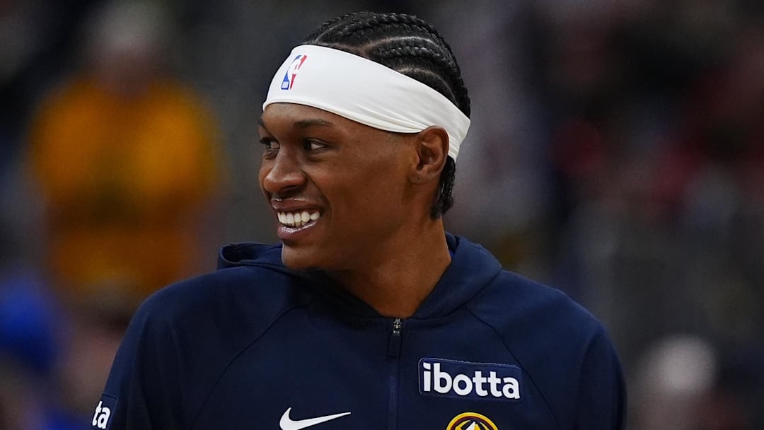 Mar 22, 2026; Denver, Colorado, USA; Denver Nuggets guard Peyton Watson (8) smiles before the game against the Portland Trail Blazers at Ball Arena. Mandatory Credit: Ron Chenoy-Imagn Images