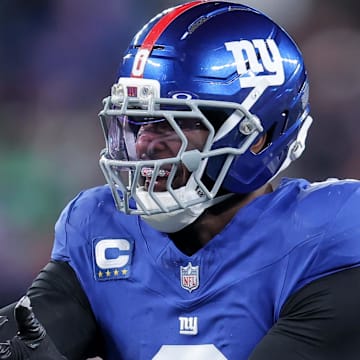 New York Giants linebacker Brian Burns (0) celebrates after a sack against the Philadelphia Eagles.