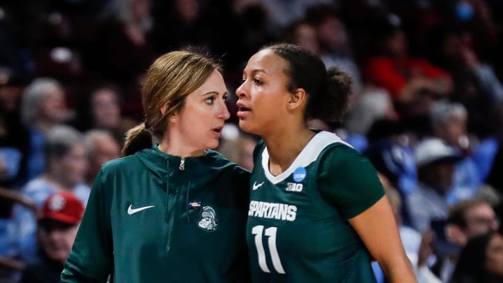 Michigan State head coach Robyn Fralick talks to guard Jocelyn Tate (11) during the second half of NCAA tournament first round against North Carolina at Colonial Life Arena in Columbia, S.C. on Friday, March 22, 2024.