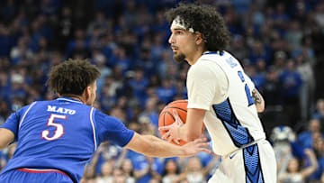 New Houston guard Pop Isaacs (right) in action while at Creighton in the 2024-25 season.