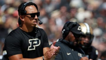 Purdue Boilermakers coach Ryan Walters reacts to a play 