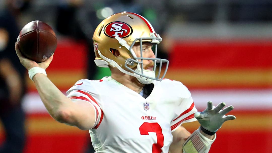 Jan 3, 2021; Glendale, Arizona, USA; San Francisco 49ers quarterback C.J. Beathard (3) against the Seattle Seahawks at State Farm Stadium. Mandatory Credit: Mark J. Rebilas-Imagn Images