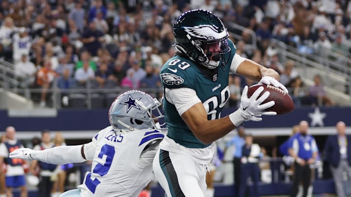 Nov 10, 2024; Arlington, Texas, USA; Philadelphia Eagles wide receiver Jahan Dotson (83) catches a touchdown pass against Dallas Cowboys cornerback Jourdan Lewis (2) in the third quarter at AT&T Stadium. Mandatory Credit: Tim Heitman-Imagn Images