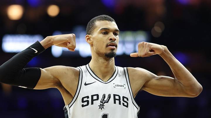 Mar 3, 2026; Philadelphia, Pennsylvania, USA; San Antonio Spurs forward Victor Wembanyama (1) reacts after his team scores against the Philadelphia 76ers during the second quarter at Xfinity Mobile Arena. Mandatory Credit: Bill Streicher-Imagn Images