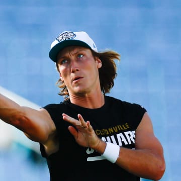 Aug 17, 2024; Jacksonville, Florida, USA; Jacksonville Jaguars quarterback Trevor Lawrence (16) warms up prior to the game against the Tampa Bay Buccaneers at EverBank Stadium. Mandatory Credit: Douglas DeFelice-USA TODAY Sports