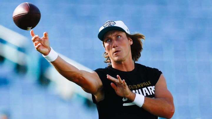 Aug 17, 2024; Jacksonville, Florida, USA; Jacksonville Jaguars quarterback Trevor Lawrence (16) warms up prior to the game against the Tampa Bay Buccaneers at EverBank Stadium. Mandatory Credit: Douglas DeFelice-USA TODAY Sports