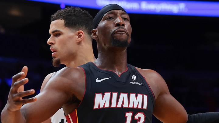 Miami Heat center Bam Adebayo (13) reacts  (Mandatory Credit: Sam Navarro-Imagn Images)