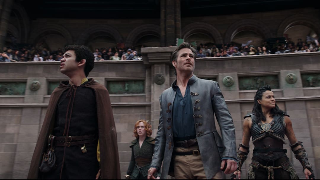 Justice Smith plays Simon, Sophia Lillis plays Doric, Chris Pine plays Edgin and Michelle Rodriguez plays Holga in Dungeons & Dragons: Honor Among Thieves from Paramount Pictures.