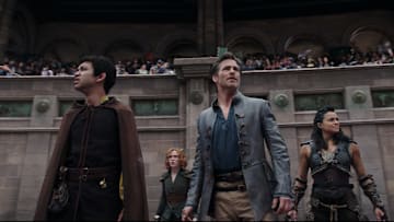 Justice Smith plays Simon, Sophia Lillis plays Doric, Chris Pine plays Edgin and Michelle Rodriguez plays Holga in Dungeons & Dragons: Honor Among Thieves from Paramount Pictures.