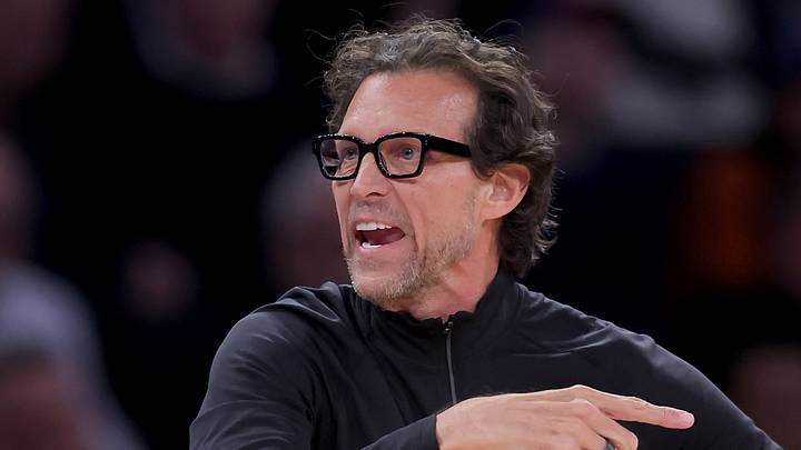 Apr 28, 2026; New York, New York, USA; Atlanta Hawks head coach Quin Snyder coaches against the New York Knicks during the second quarter of game five of the first round of the 2026 NBA Playoffs at Madison Square Garden. Mandatory Credit: Brad Penner-Imagn Images