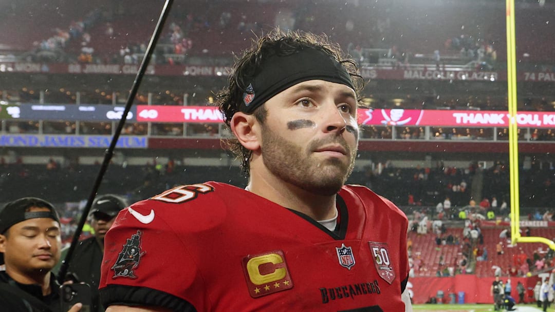 Jan 3, 2026; Tampa, Florida, USA; Tampa Bay Buccaneers quarterback Baker Mayfield (6) leaves the field after defeating the Carolina Panthers at Raymond James Stadium. Mandatory Credit: Nathan Ray Seebeck-Imagn Images