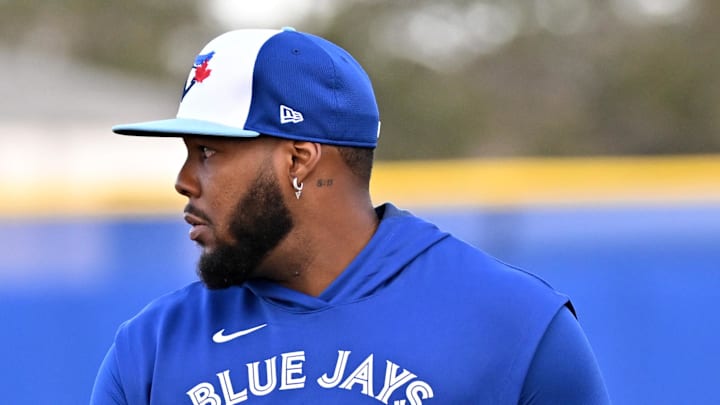 Guerrero Jr. prepares for a drill during spring training. 