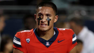 Oct 28, 2023; Tucson, Arizona, USA; Arizona Wildcats wide receiver Tetairoa McMillan (4)  during warmups before a game agaisnt the Oregon State Beavers at Arizona Stadium.