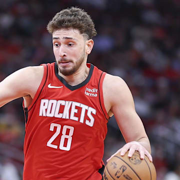 Mar 6, 2024; Houston, Texas, USA; Houston Rockets center Alperen Sengun (28) in action during the game against the Los Angeles Clippers at Toyota Center. Mandatory Credit: Troy Taormina-Imagn Images