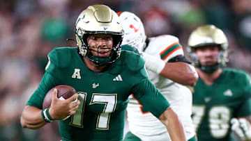 Bulls quarterback Byrum Brown said that even with the loss of record-setting receiver Sean Atkins, he likes what he sees from the receiving group. | Nathan Ray Seebeck-Imagn Images