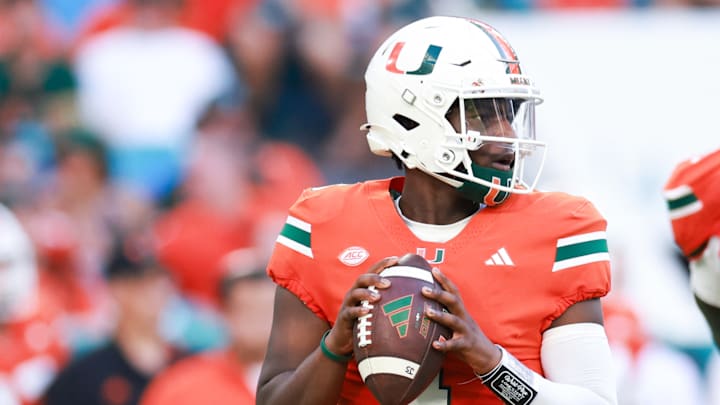 MIAMI GARDENS, FLORIDA - SEPTEMBER 07: Quarterback Cam Ward #1 of the Miami Hurricanes looks to pass against the Florida A&M Rattlers during the first half at Hard Rock Stadium on September 07, 2024 in Miami Gardens, Florida.