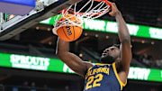 Mar 8, 2023; Las Vegas, NV, USA; California Golden Bears forward ND Okafor (22) dunks against the Washington State Cougars during the first half at T-Mobile Arena. Mandatory Credit: Stephen R. Sylvanie-USA TODAY Sports