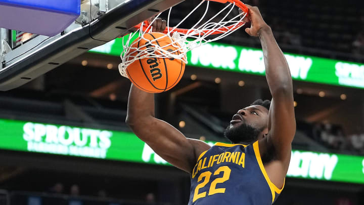 Mar 8, 2023; Las Vegas, NV, USA; California Golden Bears forward ND Okafor (22) dunks against the Washington State Cougars during the first half at T-Mobile Arena. Mandatory Credit: Stephen R. Sylvanie-USA TODAY Sports