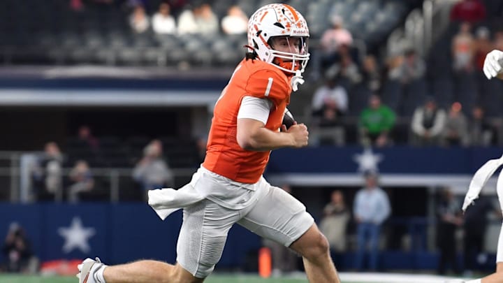 Celina's Bowe Bentley runs the ball during the 4A DI UIL Texas State Football Championship game against Kilgore on Friday, December 20, 2024 at AT&T Stadium in Arlington.