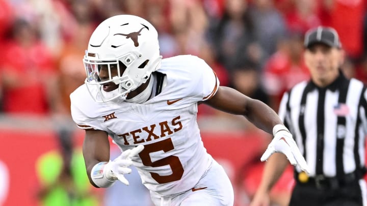 Oct 21, 2023; Houston, Texas, USA; Texas Longhorns defensive back Malik Muhammad (5) in action during the fourth quarter against the Houston Cougars at TDECU Stadium. Mandatory Credit: Maria Lysaker-USA TODAY Sports