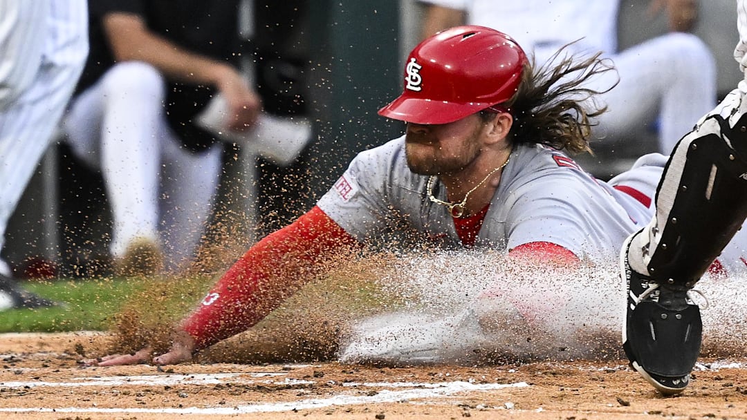 Jun 17, 2025; Chicago, Illinois, USA;  St. Louis Cardinals second baseman Brendan Donovan (33) scores during the second inning against the Chicago White Sox at Rate Field. Mandatory Credit: Matt Marton-Imagn Images