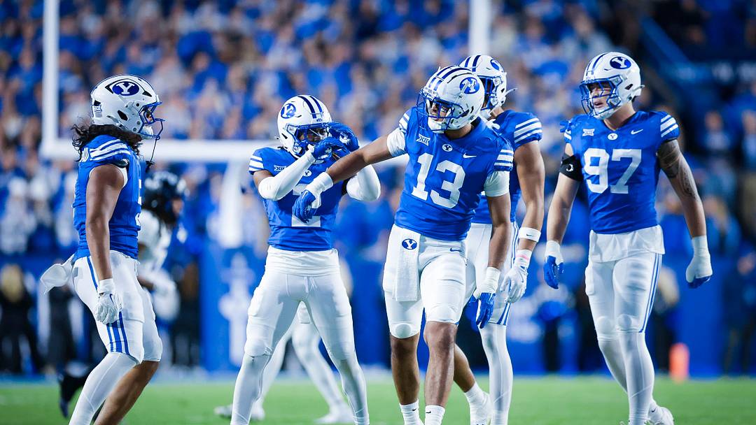 BYU defensive end Tausili Akana celebrates a tackle for loss against TCU