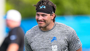 Detroit Lions linebacker Malcolm Rodriguez (44) watches practice during training camp at Meijer Performance Center in Allen Park on Sunday, July 20, 2025.
