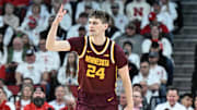 Mar 1, 2025; Lincoln, Nebraska, USA;  Minnesota Golden Gophers guard Brennan Rigsby (24) signals after making a three point shot against the Nebraska Cornhuskers during the first half at Pinnacle Bank Arena. Mandatory Credit: Steven Branscombe-Imagn Images