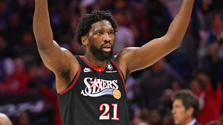 Apr 26, 2026; Philadelphia, Pennsylvania, USA; Philadelphia 76ers center Joel Embiid (21) encourages the crowd against the Boston Celtics during the first half at Xfinity Mobile Arena. Mandatory Credit: Eric Hartline-Imagn Images