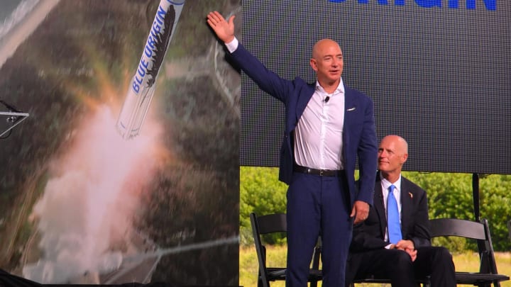 Sept 17, 2015; Cape Canaveral, FL, USA; Amazon.com founder and CEO Jeff Bezos announces that his space company, Blue Origin, will build rockets at Exploration Park and start launching    later this decade    from Cape Canaveral Air Force Station   s Launch Complex 36. Mandatory Credit: Malcolm Denemark-USA TODAY NETWORK  