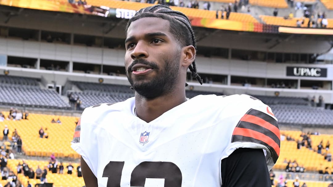 Oct 12, 2025; Pittsburgh, Pennsylvania, USA; Cleveland Browns quarterback Shedeur Sanders (12) leaves the field following the game against the Pittsburgh Steelers at Acrisure Stadium. Mandatory Credit: Barry Reeger-Imagn Images