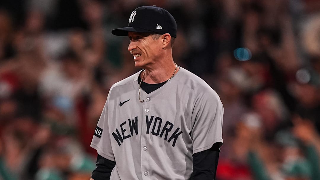 Jun 13, 2025; Boston, Massachusetts, USA; New York Yankees pitcher Tim Hill (41) looks on as Boston Red Sox catcher Carlos Narváez (75) hits a game winning single to center field in the tenth inning at Fenway Park. Mandatory Credit: David Butler II-Imagn Images