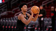 Oct 27, 2025; Houston, Texas, USA; Houston Rockets guard Amen Thompson (1) warms up prior to the game against the Brooklyn Nets at Toyota Center. Mandatory Credit: Erik Williams-Imagn Images

